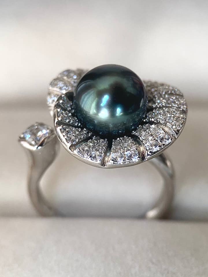 Tahitian Deep Peacock-Green South Sea Pearl Lotus Ring 9.5mm for wholesale by b29