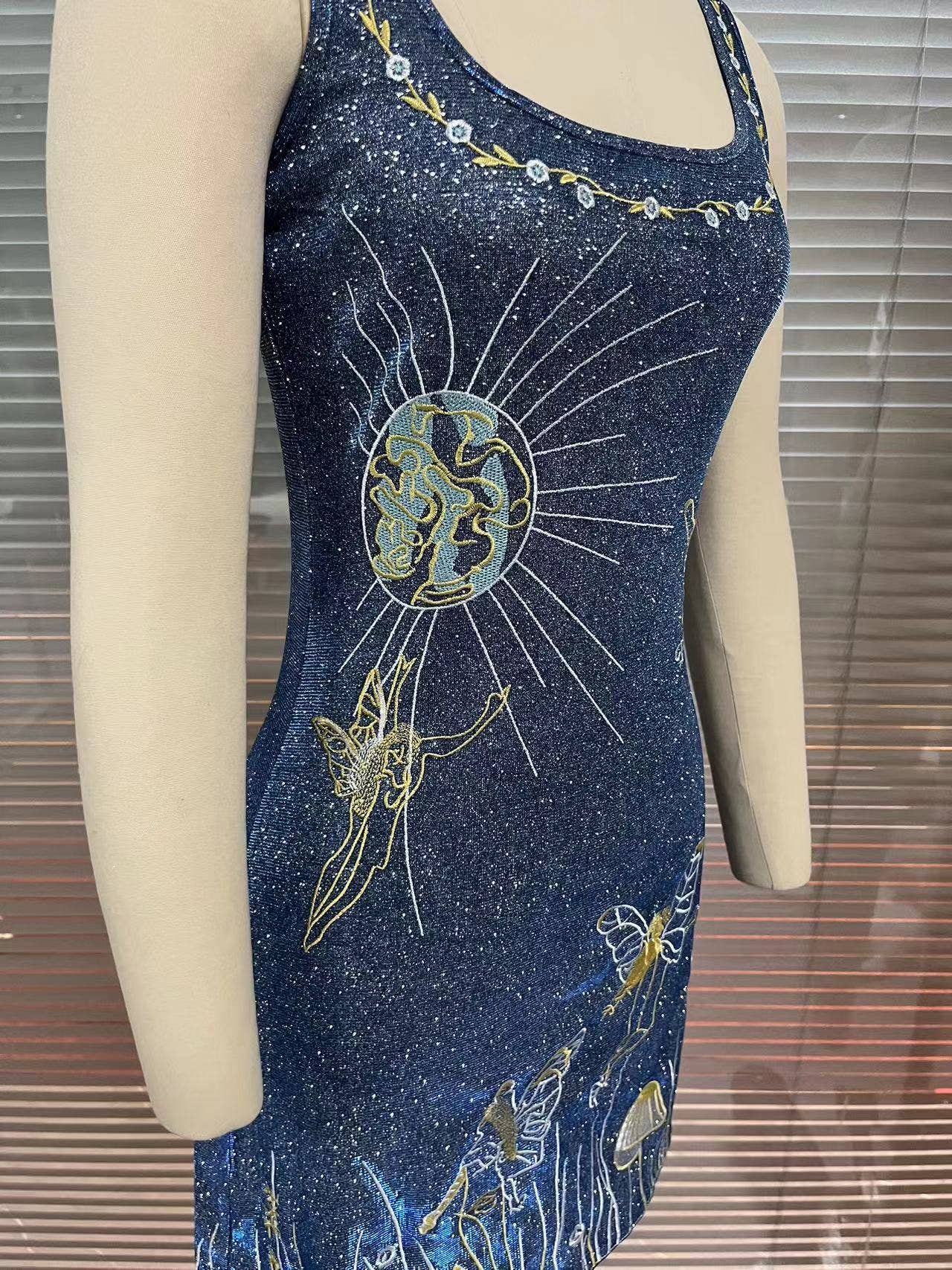 Blue Sun Goddess Fairy Embroidered Crystal Strap Mini Dress for wholesale on Faire3