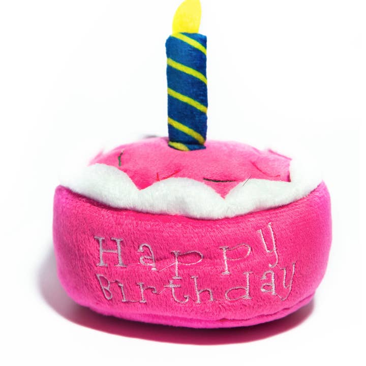 Squeaky Pink Birthday Cake Plush Dog Toy for wholesale by Glow Pups