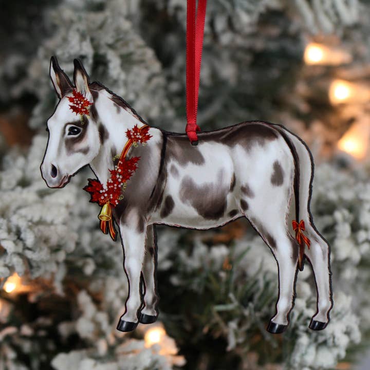 Spotted Gray and White Miniature Donkey Christmas Ornament for wholesale by Classy Equine