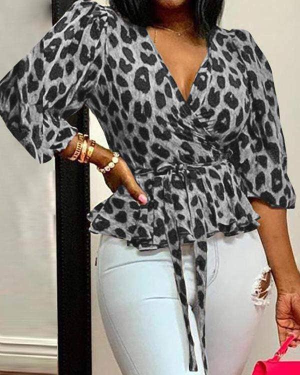 Flarix - Wholesale Blouse - Women's - print surplice neck bardot peplum belted top0