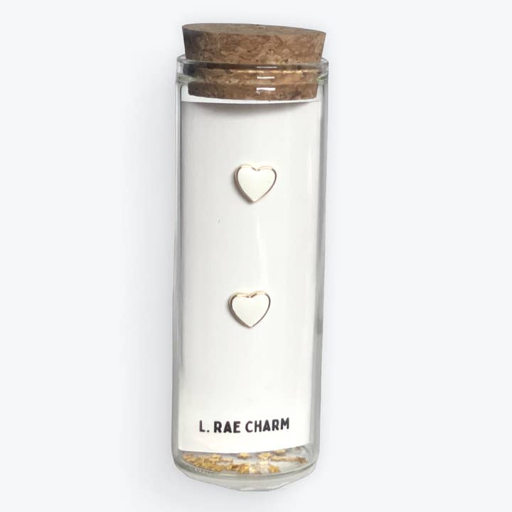 White Enamel Heart Stud Earrings. Hypoallergenic for wholesale by L Rae Charm