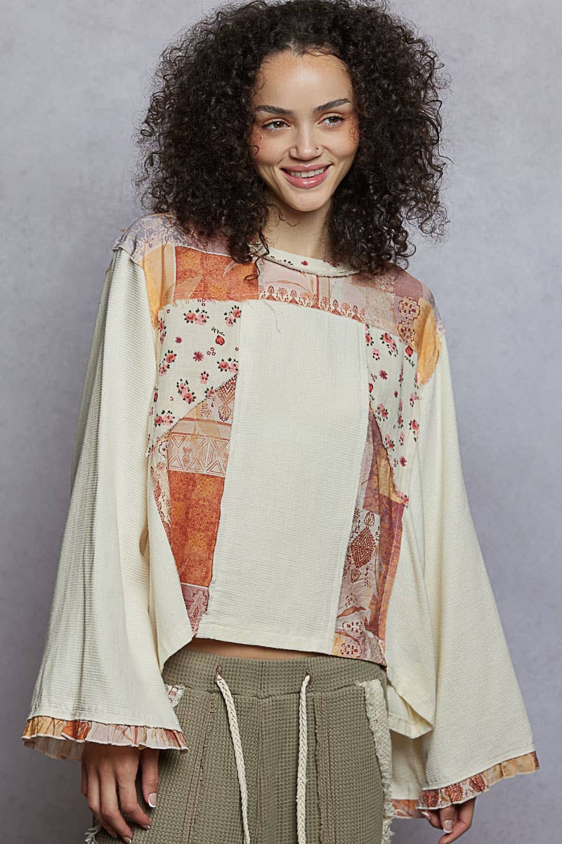 Pol Clothing - Wholesale Blouse - Women's - Long sleeve double gauze printed woven contrast top12