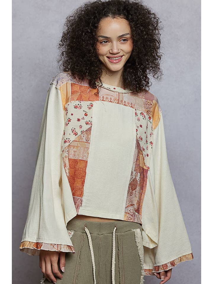 Pol Clothing - Wholesale Blouse - Women's - Long sleeve double gauze printed woven contrast top12