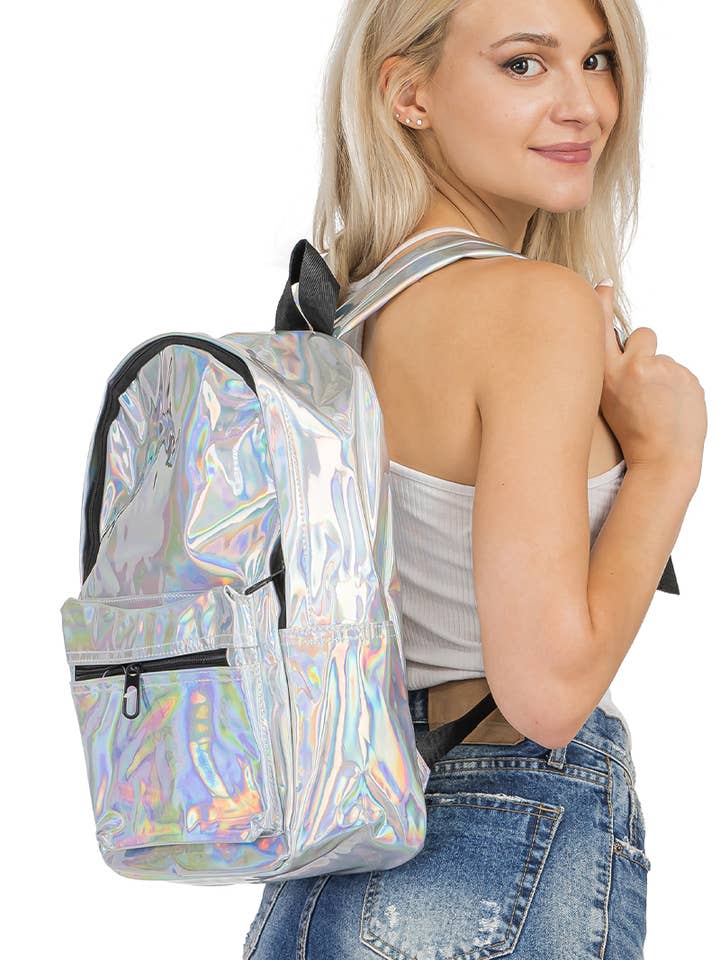 Large Retro Holographic Metallic Gloss Backpack for wholesale by Cap Zone