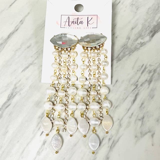 Anita K By Blushing Pink - Wholesale Dangle Earrings - Freshwater Pearl & Crystal Dangle Statement Earring
