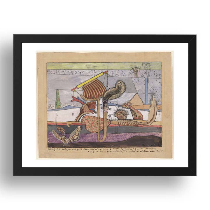 Max Ernst: Rocce stratificate, dono della natura di gneiss lava muschio d'Islanda..., opera d'arte modernista, poster riprodotto in formato A3 in cornice nera 17x13" per la vendita all'ingrosso da parte di PERIOD PRINTS