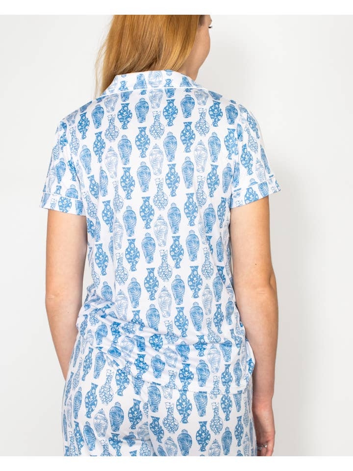 The Royal Standard – Großhandel Schlafanzugoberteil – Damen – Claire Kurzarm-Knopf-Schlafhemd Weiß/Palace Blue -Versch.2