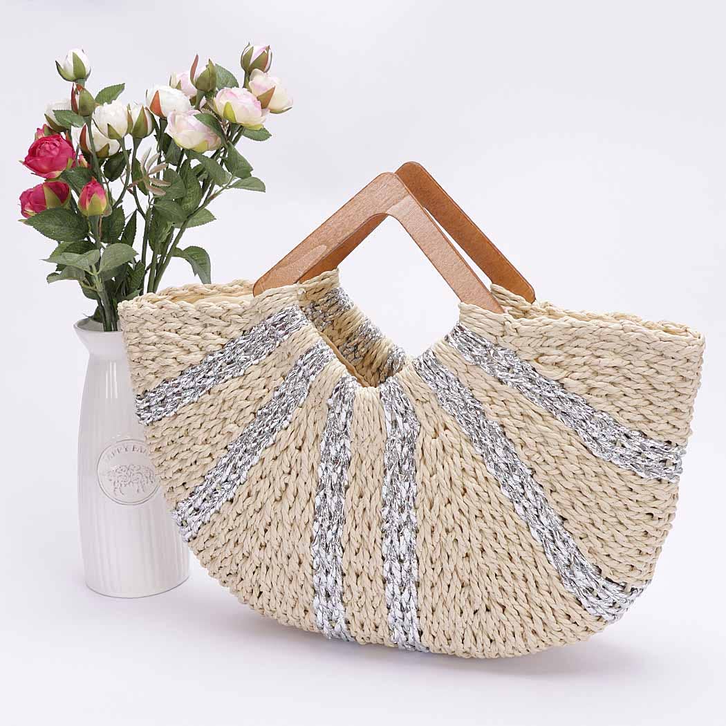 3AM BY H&D ACCESSORIES - Vendita all'ingrosso Borsa da spiaggia - Borsa artigianale effetto paglia con manico in legno e righe metalliche5