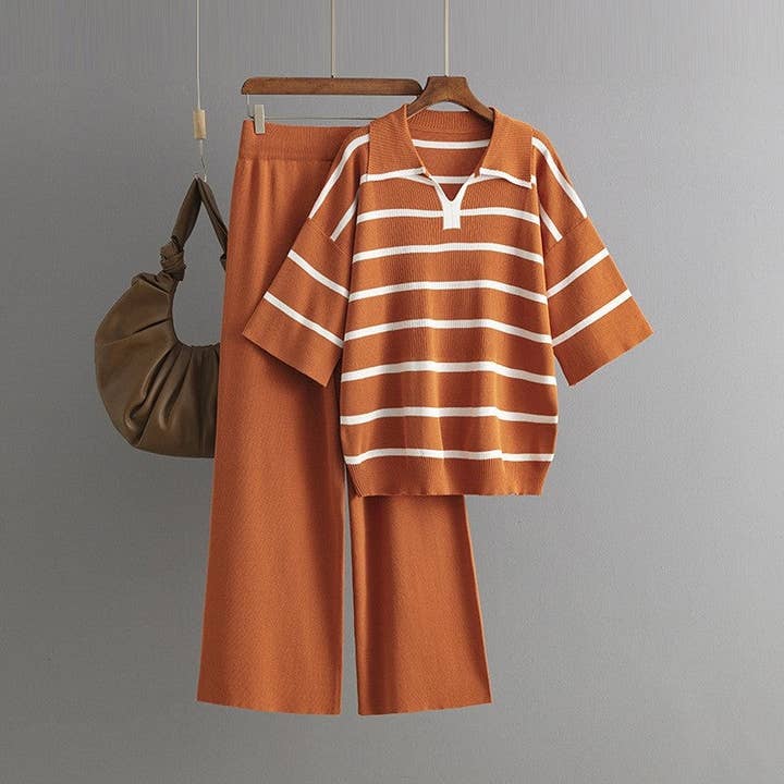 Plush Looks - Wholesale Lounge Set - Women's - Color Block Striped Short Sleeve Knit Sweater And Long Pants Set6