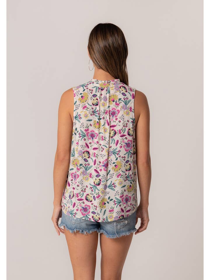 Natural Yellow Vibrant Floral Ruffle Neck Sleeveless Top for wholesale on Faire