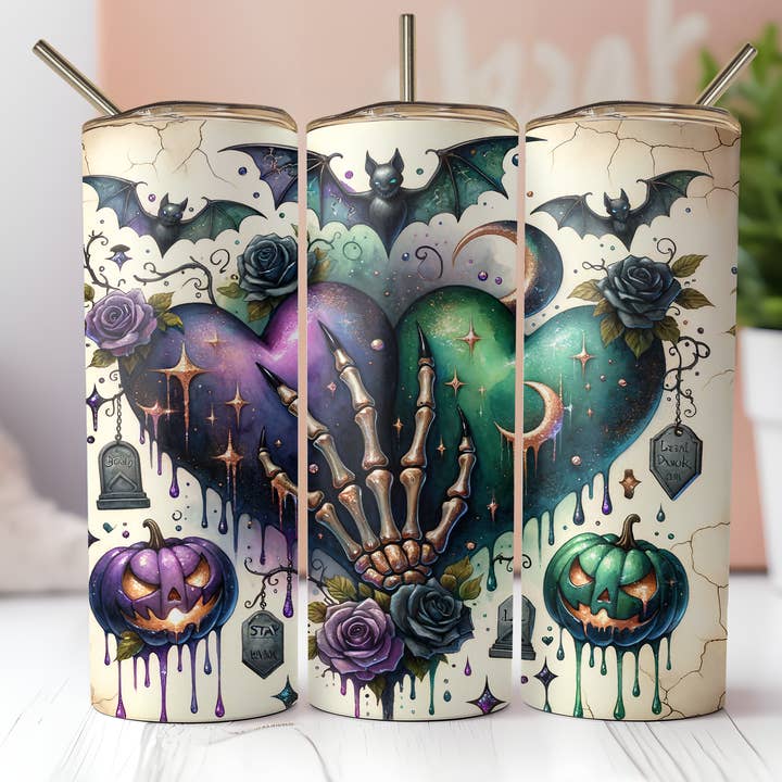 Spooky Skeleton Hand & Hearts Halloween 20oz Skinny Tumbler for wholesale by Dogwood Graphics & Design