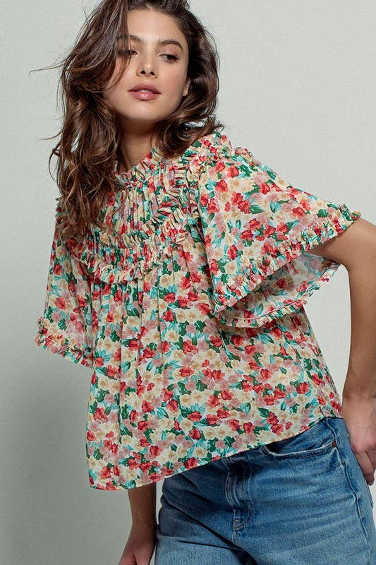CORAL GREEN Aurora of Ruffle Short Sleeve Blouse for wholesale on Faire0