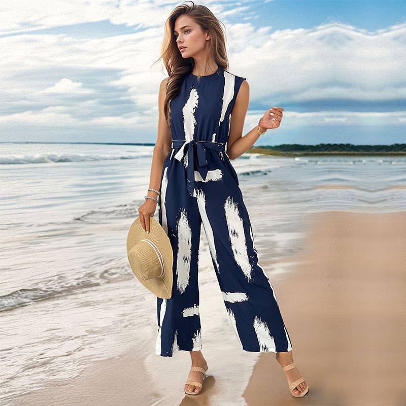NAVY sleeveless printed jumpsuit for wholesale on Faire3