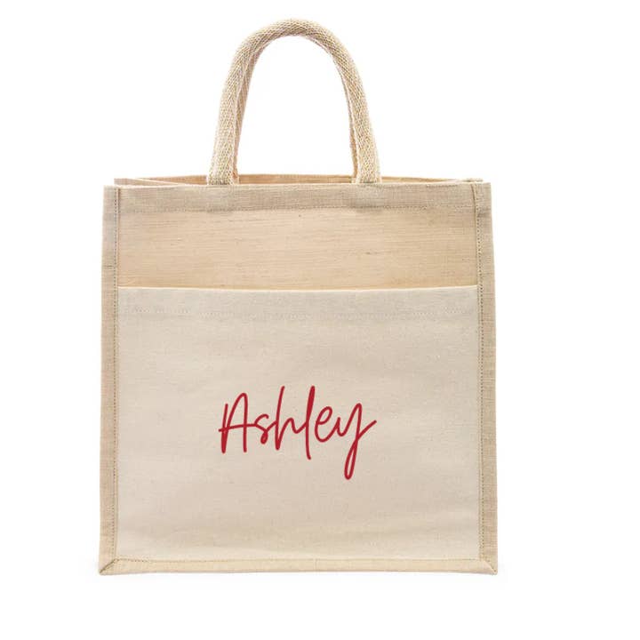 Weddingstar Inc. - Wholesale Tote Bag - Women's - Medium Woven Jute Tote Bag With Pocket - Script Font2