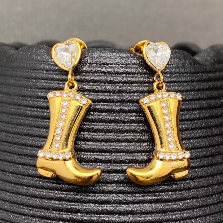 Western CZ Inlaid Boots 18K Gold Plated SS Earrings - FGS/WJ for wholesale by Mio Queena