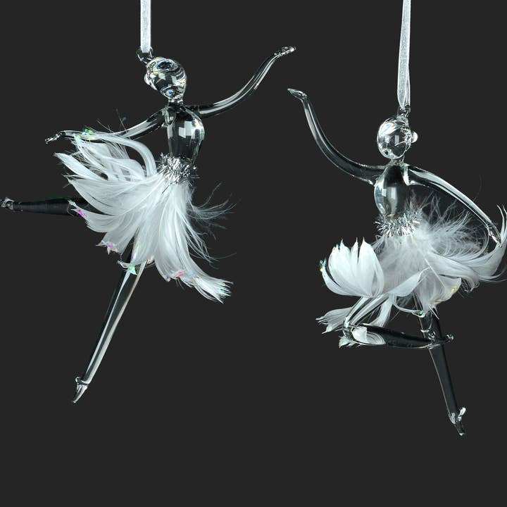 Christmas Tradition - Wholesale Ornament Set - 2 Asstd 6.5" Glass Ballerina Ornament w/White Feathers