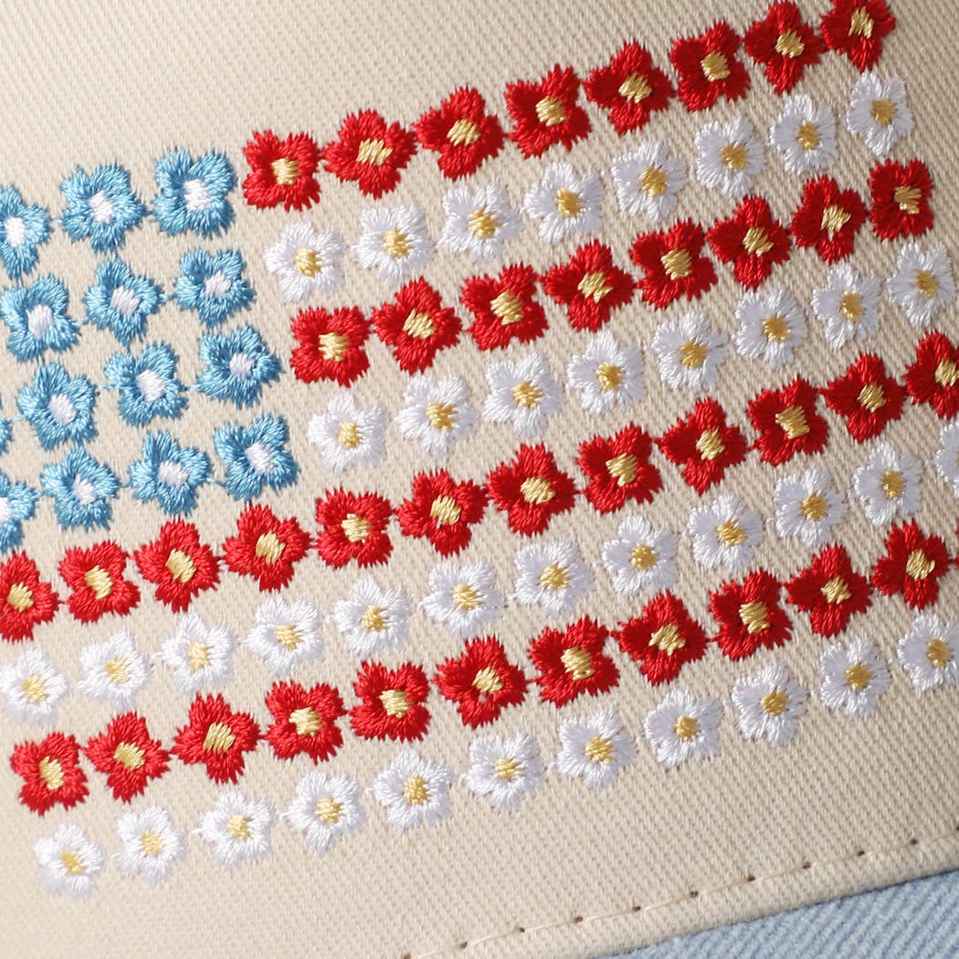 Floral American Flag Embroidered Two-Tone Denim Trucker Hat for wholesale on Faire3