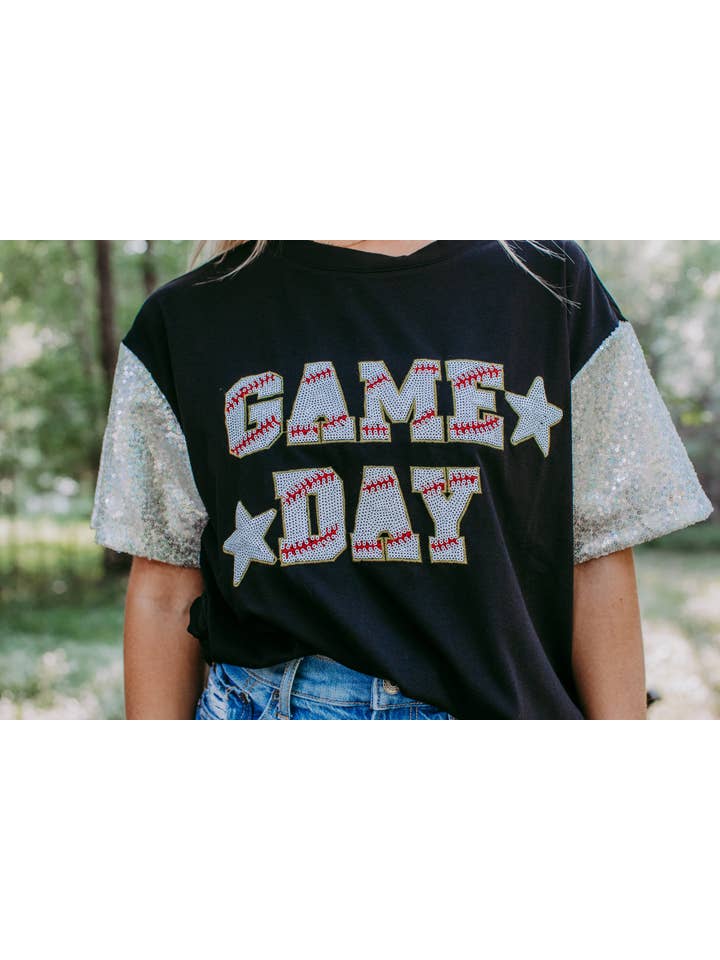 MK489 Sequins Embroidery Game Day Tee - Black for wholesale on Faire