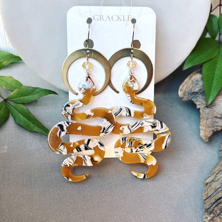 Full Moon Mustard Serpent Earrings for wholesale by Grackle Jewelry