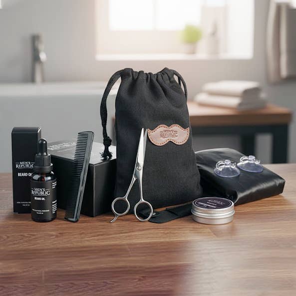 Men's Republic 6pc Beard Grooming Kit with Bag and Apron and other Purchase Wholesale barberproducts. Free Returns & Net 60 Terms on Faire trending on Faire.
