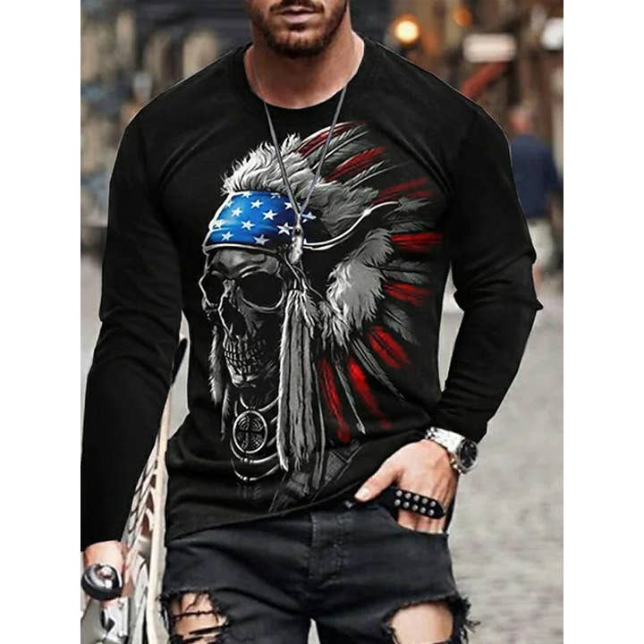 T-shirt da uomo a maniche lunghe con stampa teschio per la vendita all'ingrosso da parte di Tourtiwi