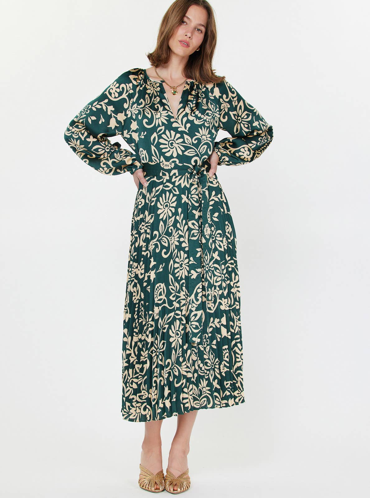 Malt bleu Robe longue plissée imprimée en vente sur Faire0