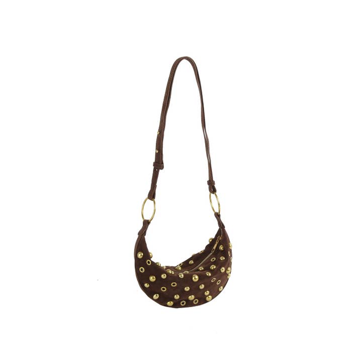 Handbag Factory Corp - Wholesale Shoulder Bag - Women's - Studded Suede Crescent Shoulder Bag