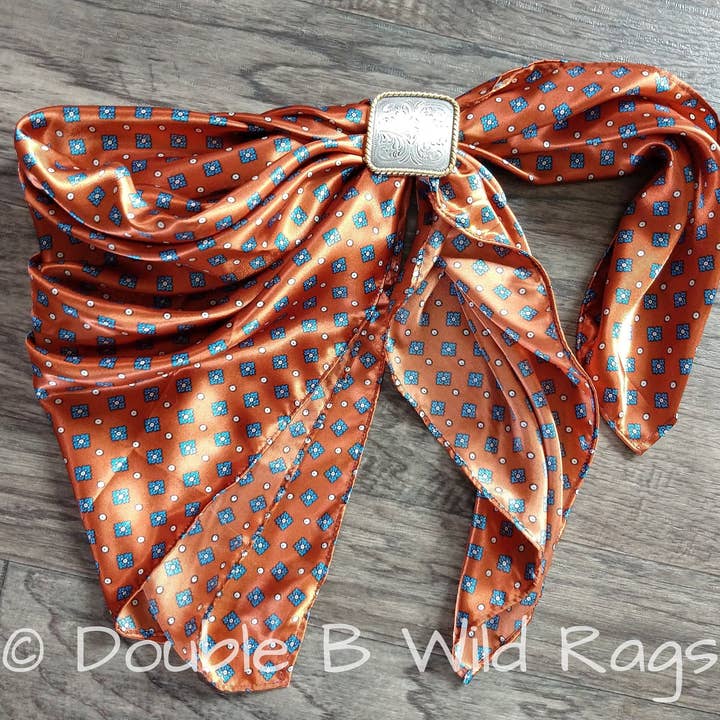 WILD RAG Blue Motif on Burnt Orange Cowboy Western Neck Scarf Bandanna by Double B Wild Rags for wholesale by Double B Wild Rags