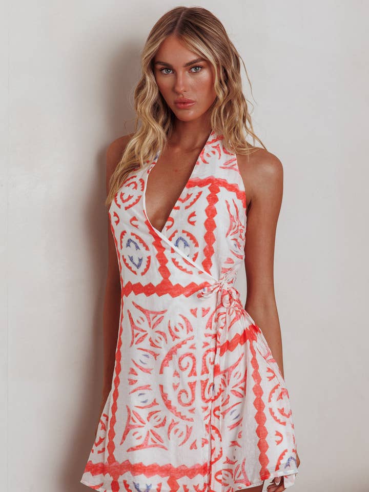 BLUE MOSAIC HALTERNECK MINI DRESS for wholesale on Faire