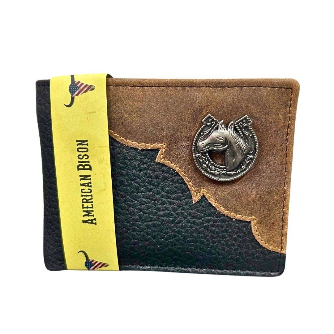Leather Impressions Inc - Wholesale Wallet - Men's - Mixed Media Two Tone Bifold Rodeo Wallet w/ Medallion AB19170