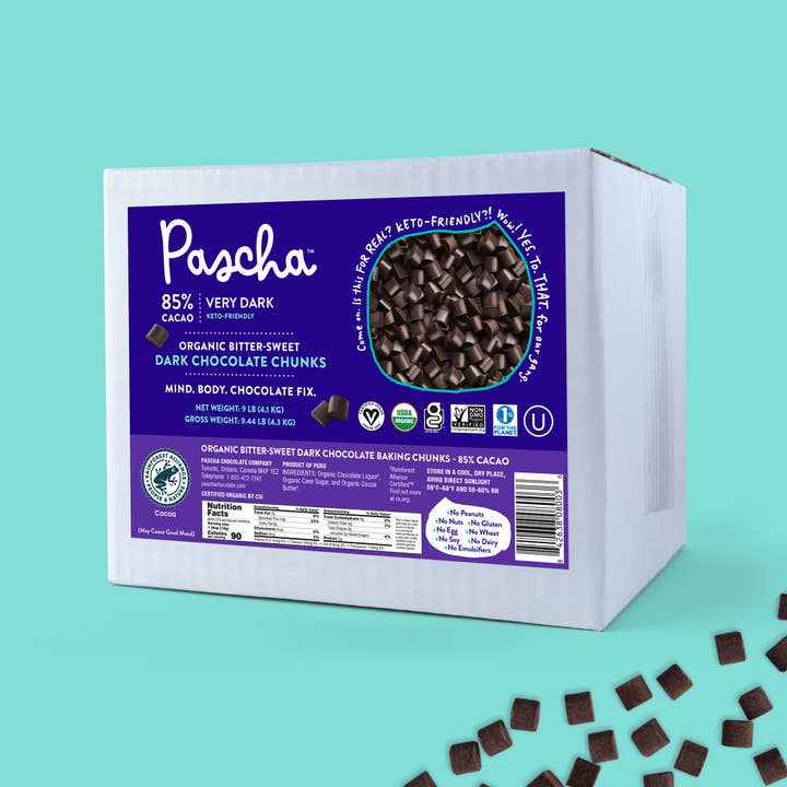 Pascha Chocolate Company - Wholesale Baking Chocolate - Bulk Organic Bitter-Sweet Dark Chocolate Chunks, 85% Cacao