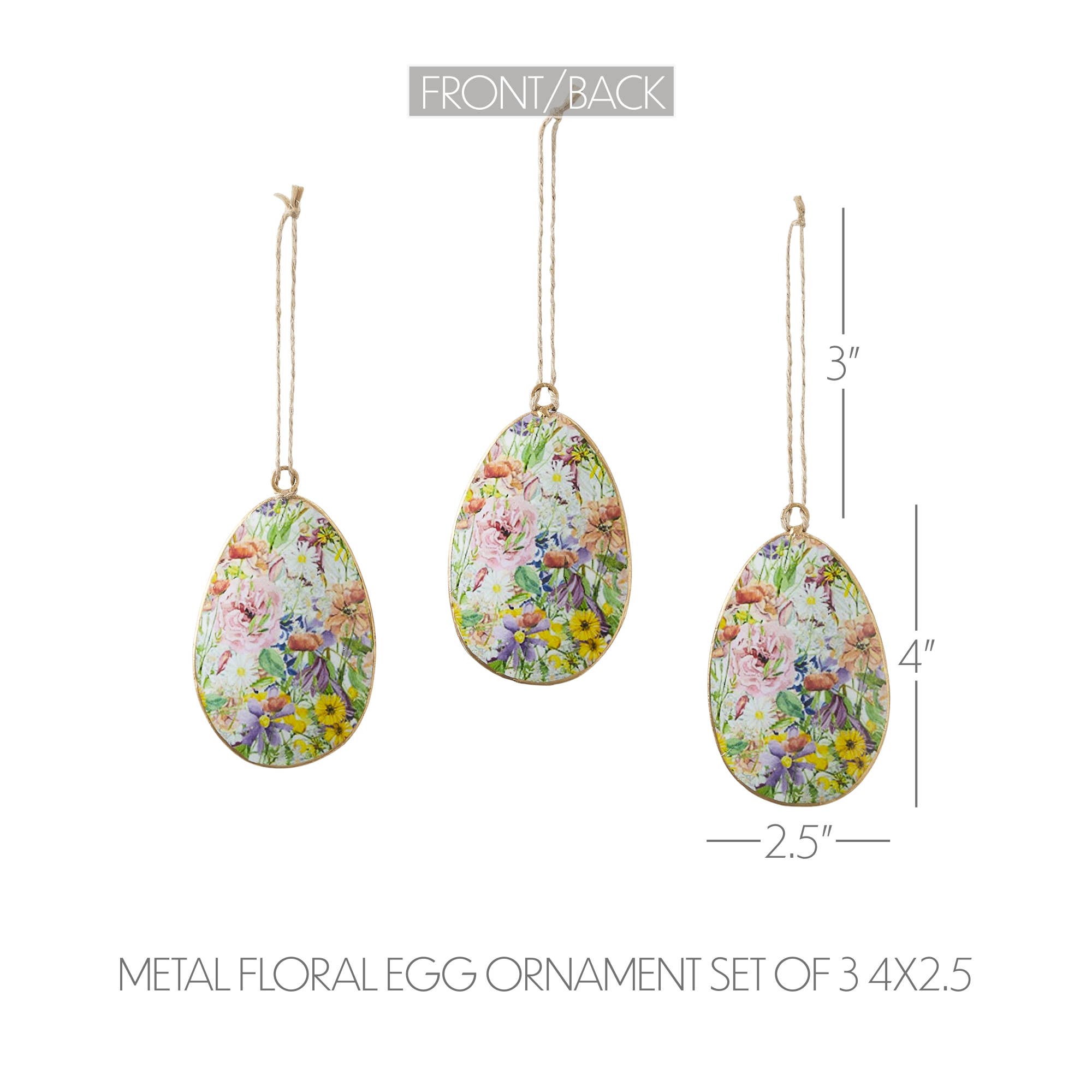 VHC Brands - Wholesale Ornament - Spring In Bloom Metal Floral Egg Ornament Set of 3 4x2.54