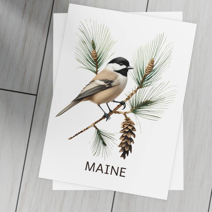 Maine | Chickadee & Pine Tree | Cartão de saudação do Estado de origem por atacado de Nefer Designer Candles & Home Decor