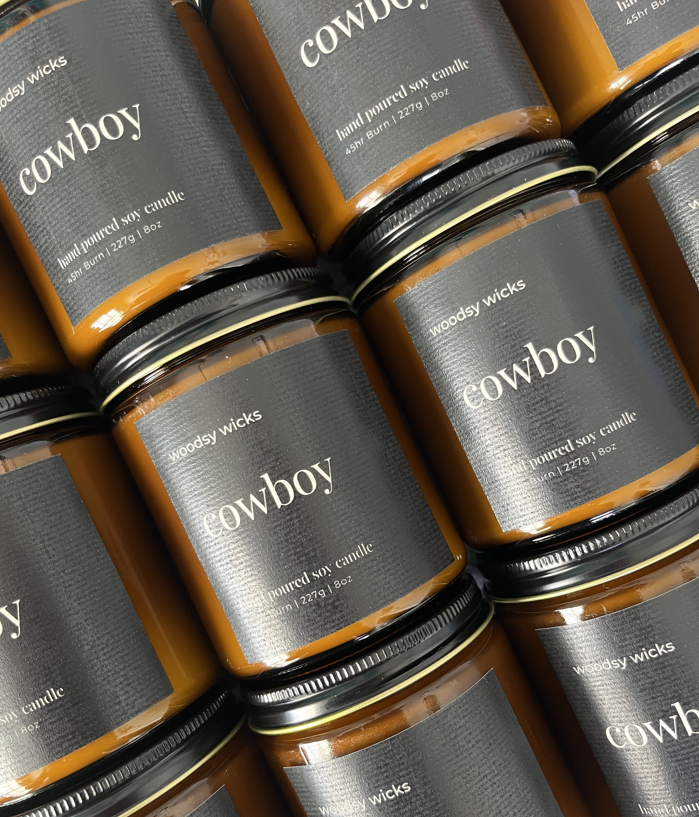 Woodsy Wicks - Wholesale Jar/Filled Candle - Cowboy Scented Western Candle - 100% Soy Wax - Cotton Wick 6