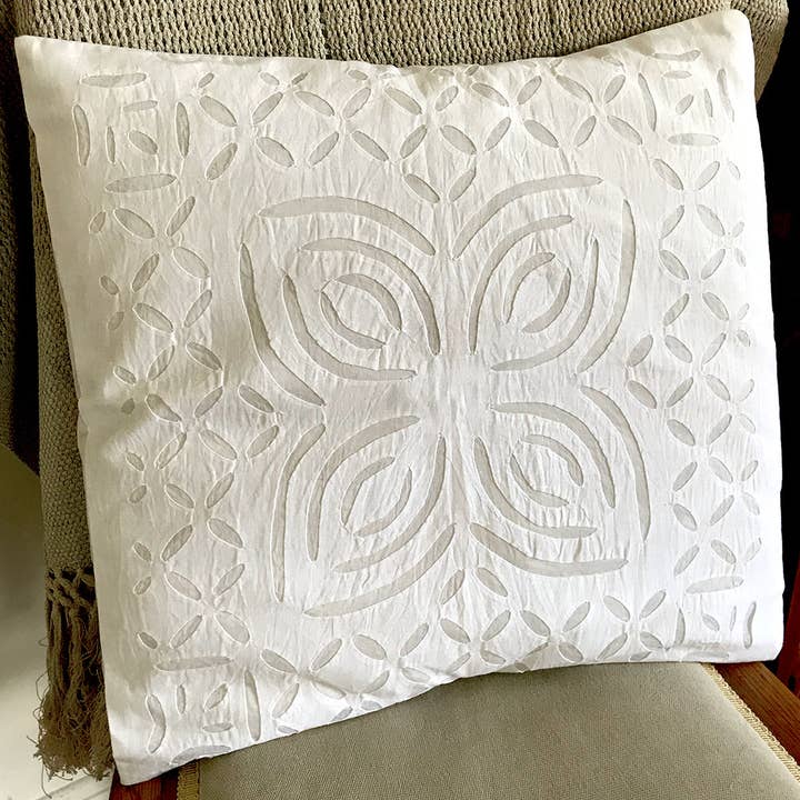 Barmer Appliqué Pillow Cover - White on White - 4 Petal for wholesale by Sprout Enterprise