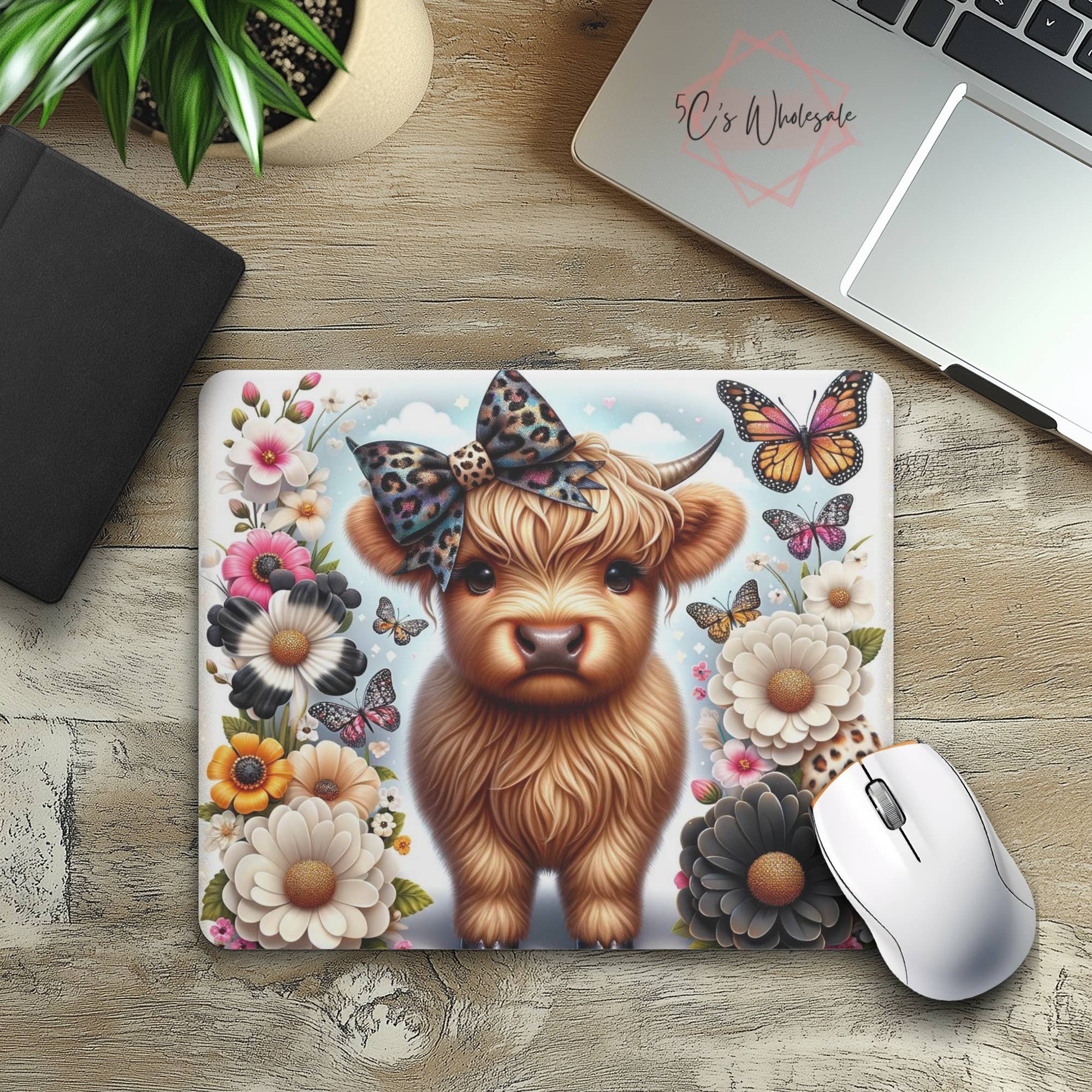 5C's Wholesale - Wholesale Mousepad/Trackpad - Baby Highland Cow Floral Mouse Pad