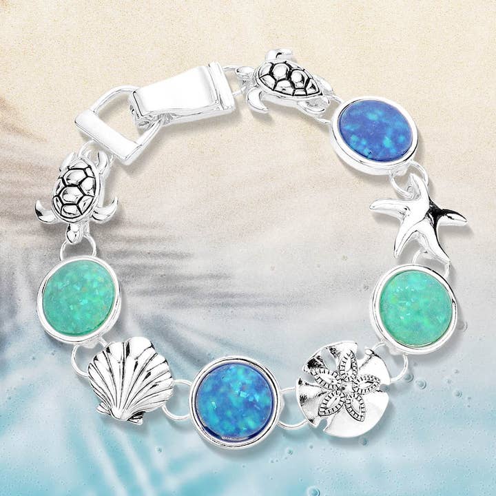 Sensibling Corp. - Wholesale Charm/Dangle Bracelet - Sea Glass Embossed Metal Sea Life Magnetic Link Bracelet
4