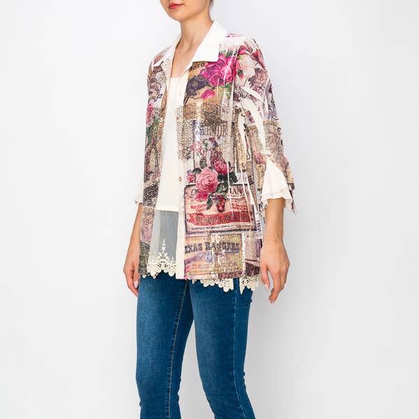 Lightweight Sequin and Lace Detailed Button-Up Blouse - 4718 BG/ROSE WEST for wholesale on Faire