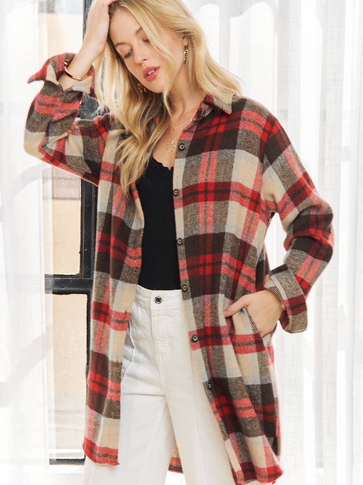 ADORA LA - Wholesale Shirt Jacket/Shacket - Women’s - CEJ1987A-CHECK FLANNEL SHIRT JACKET LONG SLEEVE8
