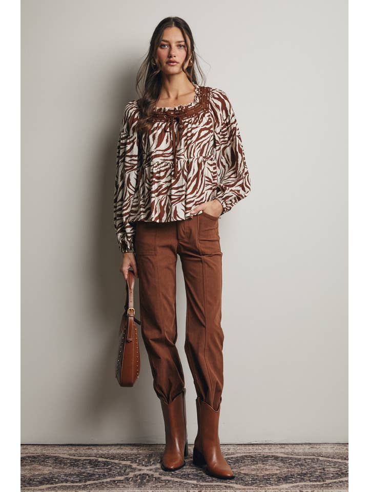 Forte - Wholesale Blouse - Women's - Zebra Jacquard Blouse with Faux Leather Trim FT002323