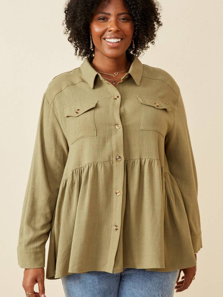 Hayden LA - Wholesale Button Down Shirt - Women's - Womens Linen Blend Peplum Button Up Shirt4