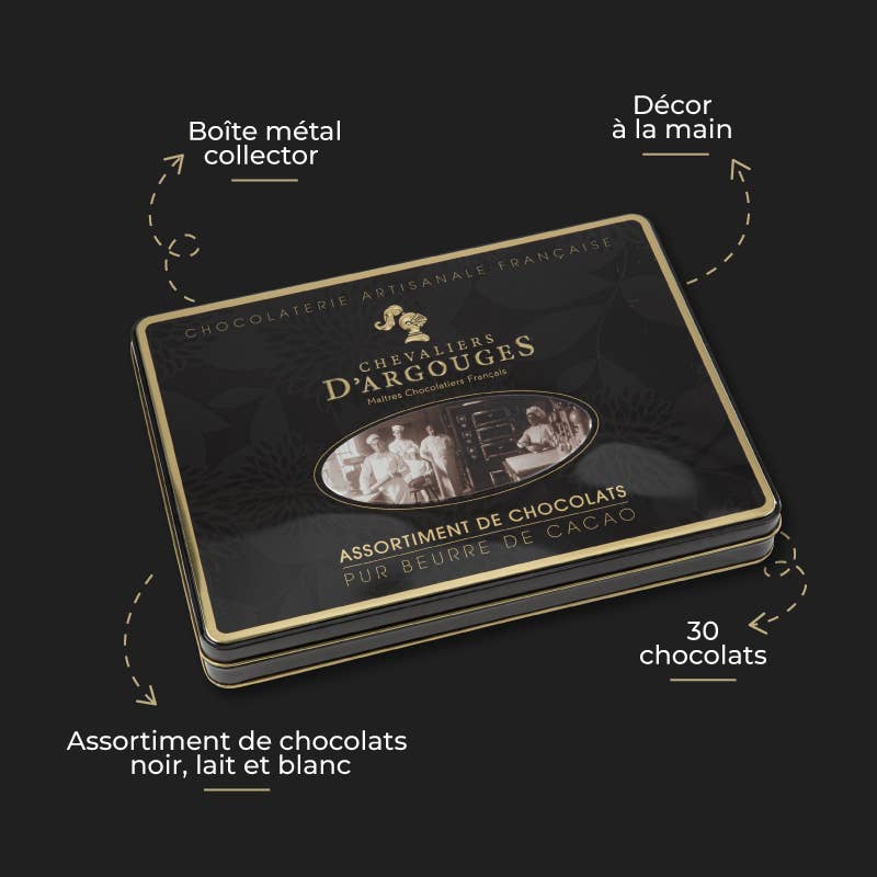 Chevaliers d'Argouges - Vendita all'ingrosso Confezioni di cioccolatini - CONFEZIONE DI NATALE 30 CIOCCOLATINI - CIOCCOLATO FONDENTE, AL LATTE, BIANCO3