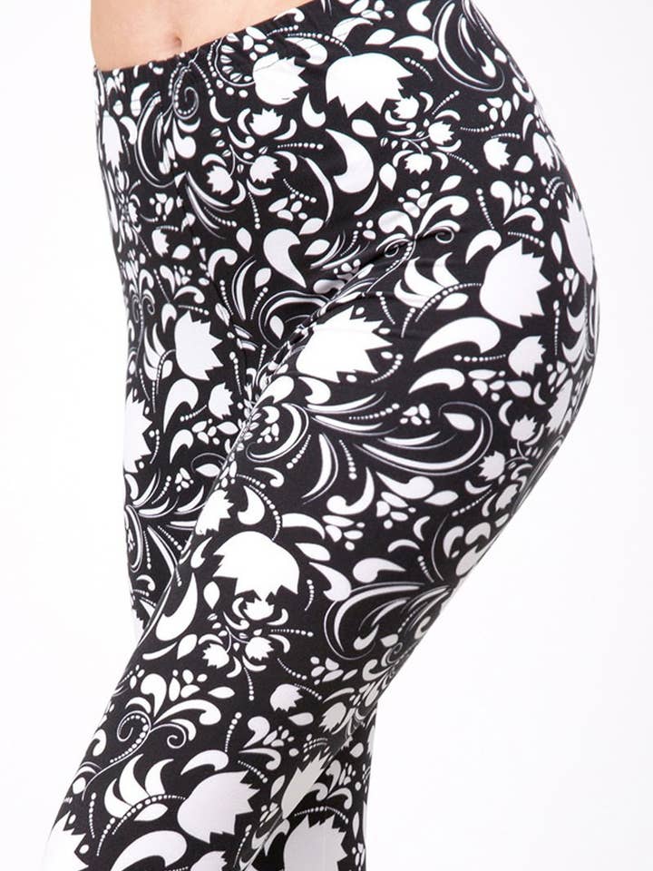 Leggings in Schwarz und Weiß mit Blumendruck, Einheitsgröße für den Großhandel von Love 4 Leggings