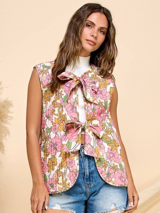 Printed Stripe Quilt Ribbon Tie Vest for wholesale by Pink Irene Wholesale