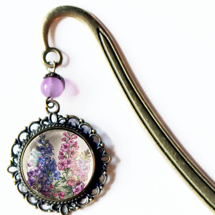 The Divine Iguana - Wholesale Bookmark - Larkspur Flower / Delphinium Bronze and Glass Bookmark