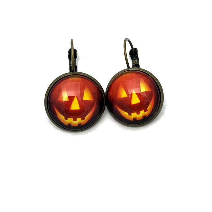2016 Jack-o’-lantern USA Halloween Stamp - Postage stamp jewelry - Postage Stamp Earrings - French clip earrings in antique bronze finish for wholesale by Postage Stamp Jewelry
