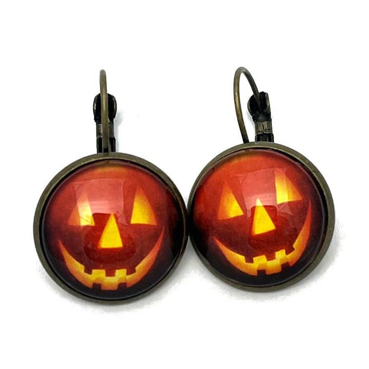 Postage Stamp Jewelry - Wholesale Dangle Earrings - 2016 Jack-o’-lantern USA Halloween Stamp - Postage stamp jewelry - Postage Stamp Earrings - French clip earrings in antique bronze finish