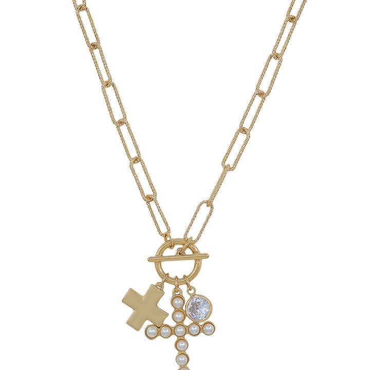 Water Resistant Gold Cross & Pearl Cross Charm 16"-18" Necklace for wholesale by What's Hot