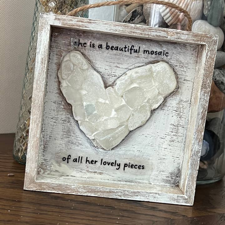 UnfiniSHEd - Wholesale Sign - Inspiration Mosaic Sea Glass Heart Art , Choose saying